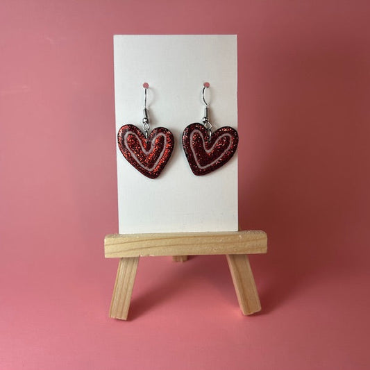 Handmade Red Glitter Heart Earrings | Polymer Clay Double Heart Jewelry