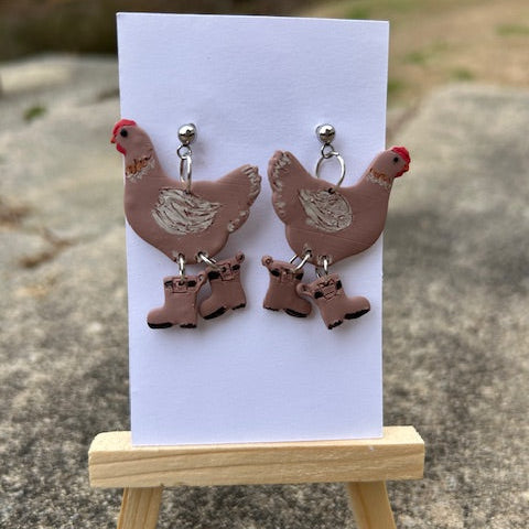 Chicken in Rain Boots Earrings - Handmade Polymer Clay Dangle Earrings