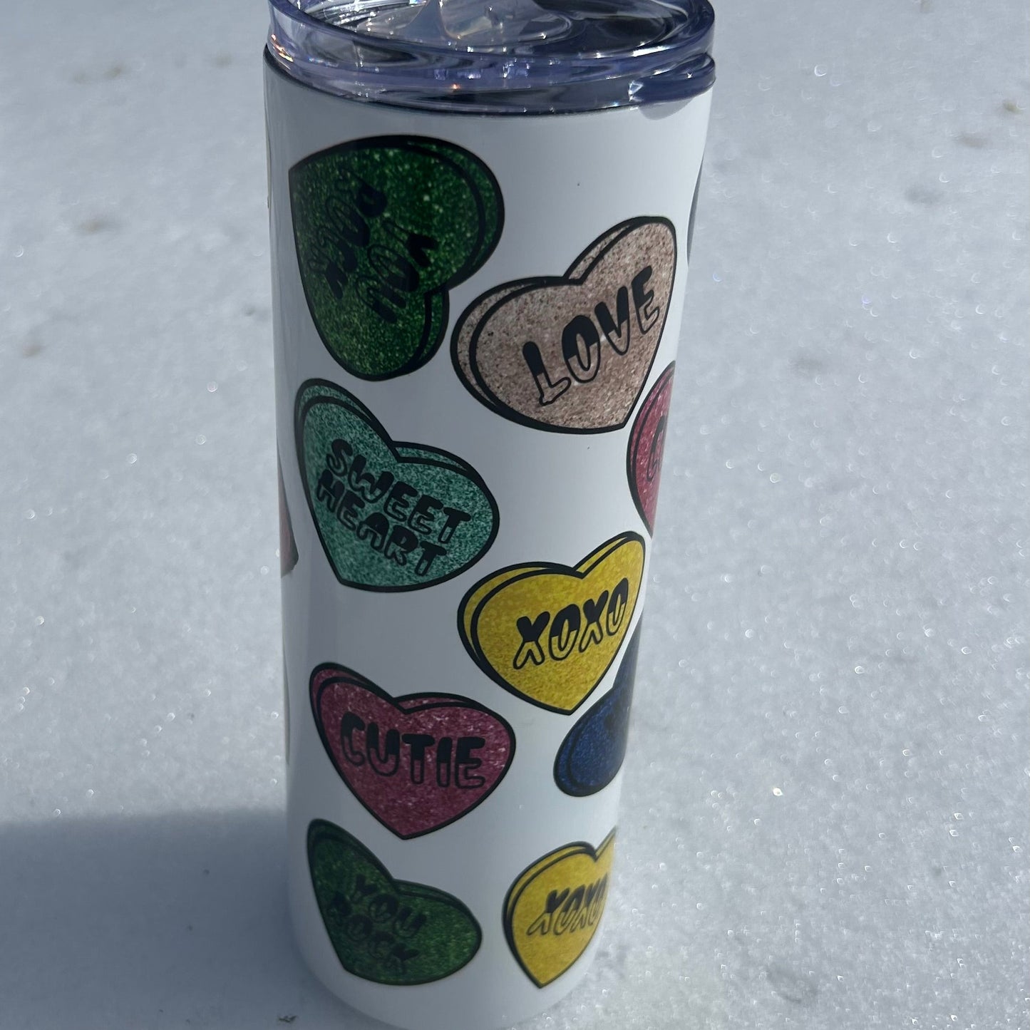 Valentine’s Day Conversation Hearts Tumbler – 20oz Stainless Steel Insulated Cup, Cute Love Candy Design, Hot & Cold Drinkware