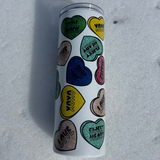 Valentine’s Day Conversation Hearts Tumbler – 20oz Stainless Steel Insulated Cup, Cute Love Candy Design, Hot & Cold Drinkware