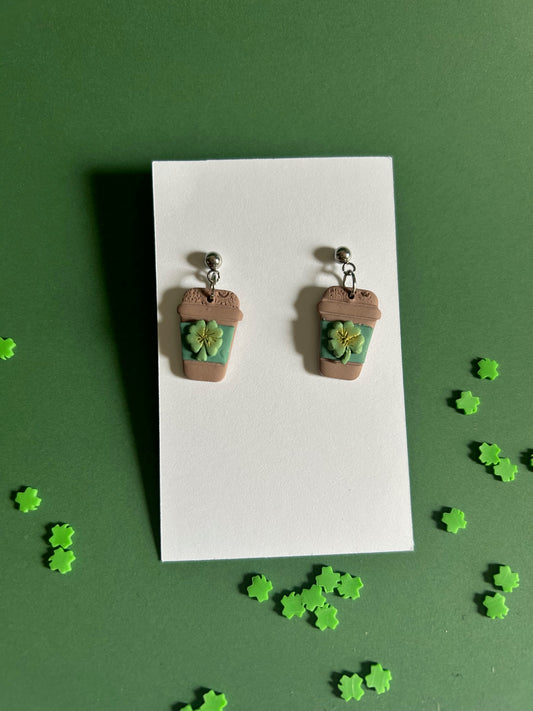 St. Patrick's Day Coffee Latte Earrings – Clover Polymer Clay Dangle Earrings