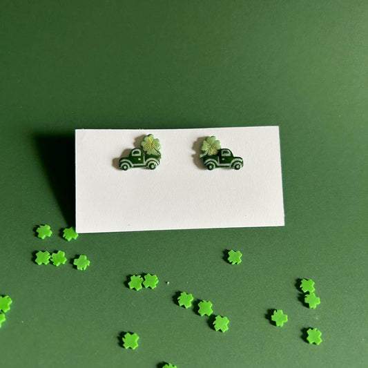 Handmade Polymer Clay Stud Earrings with Clover – Resin Sealed Lucky Shamrock Truck Earrings – Cute Lightweight Gift for Her