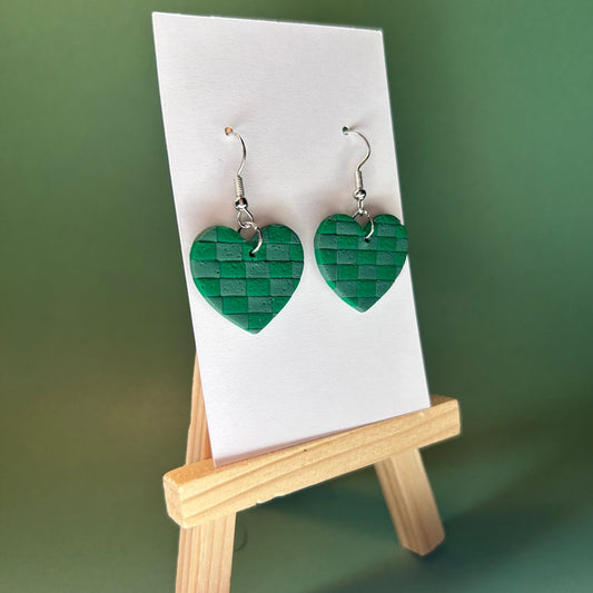 Heart-Shaped Green Checkered Polymer Clay Earrings – Handmade Two-Tone Dangle Jewelry for Women