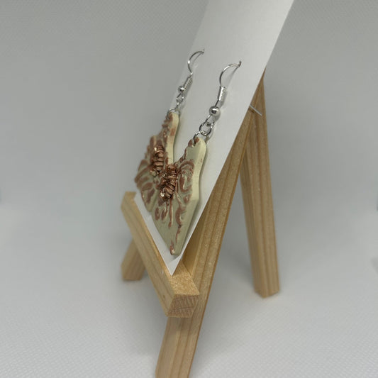 Western Cow Tag Polymer Clay Earrings with Small Floral Detail – Cream & Copper Dangles