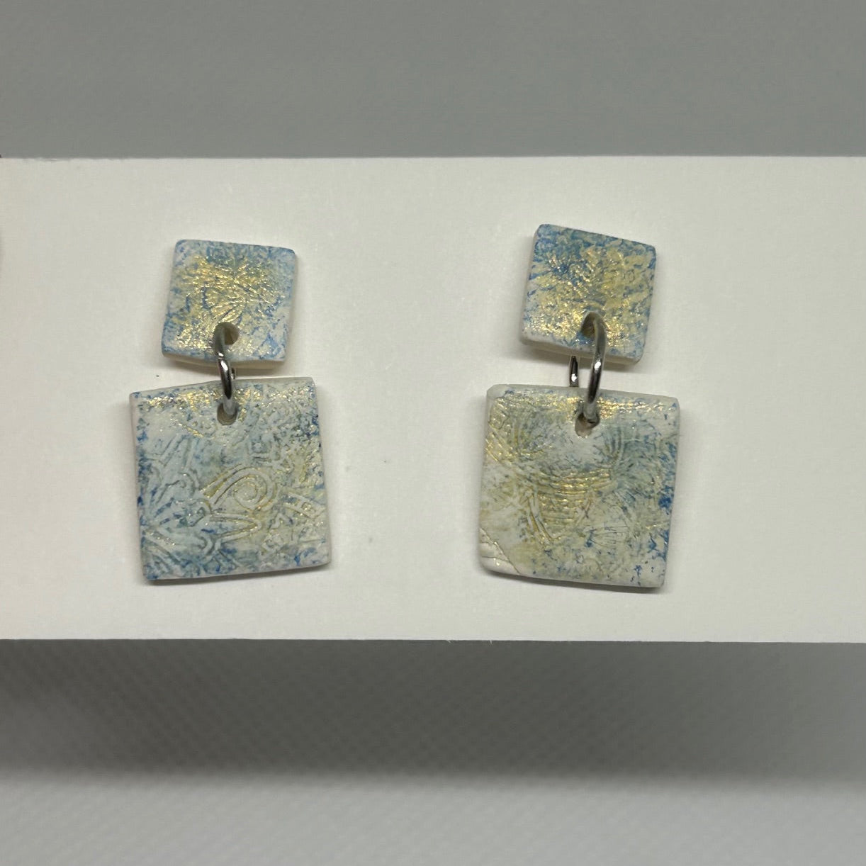 Blue Floral Square Dangle Earrings | White Base with Gold Accents
