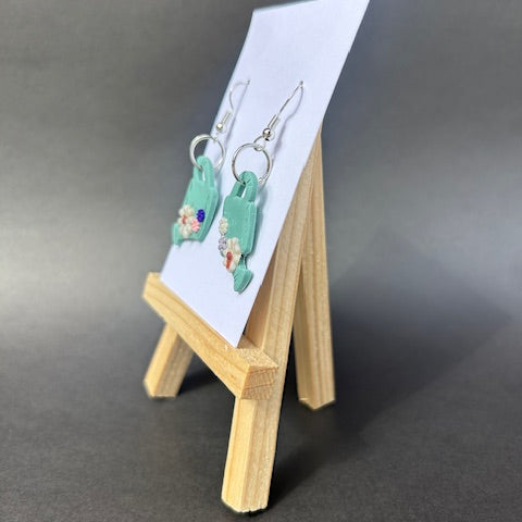 Handmade Polymer Clay Watering Can Earrings with Tiny Flowers – Floral Garden Jewelry, Dangle Earrings