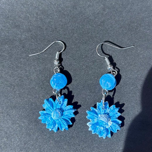 Blue & White Flower Earrings – Floral Polymer Clay Dangles