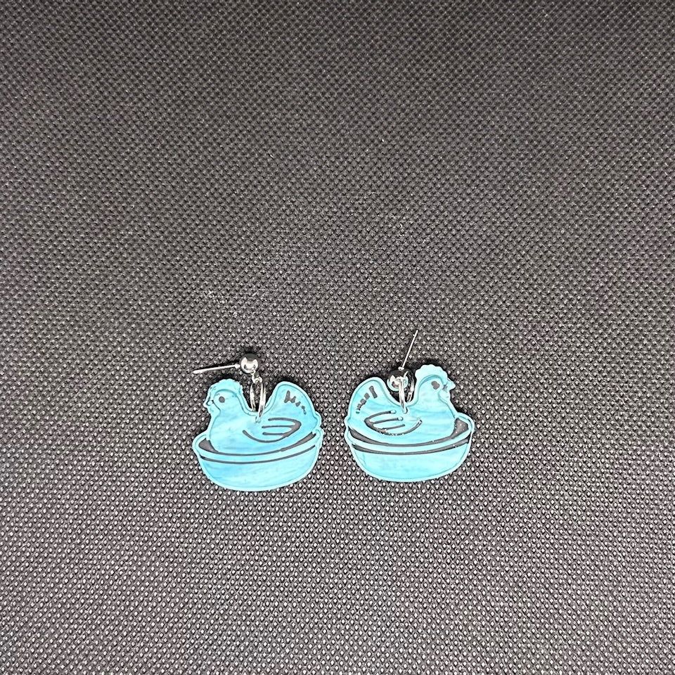 Blue Hen in Basket Polymer Clay Earrings – Handmade Farmhouse Charm Jewelry