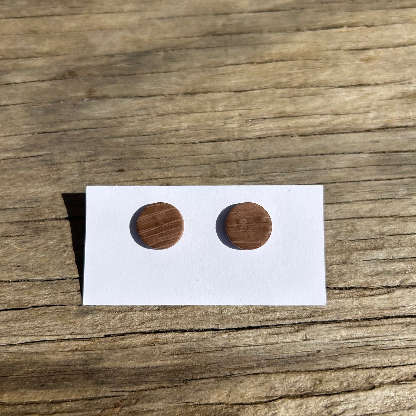 Wood Look Circle Post Earrings – Handmade Polymer Clay Studs | Lightweight Rustic Minimalist Jewelry