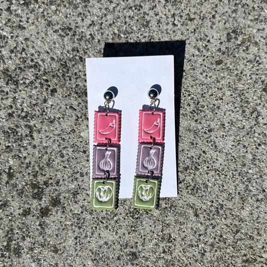 Spicy Garden Stamp Dangle Earrings — Polymer Clay