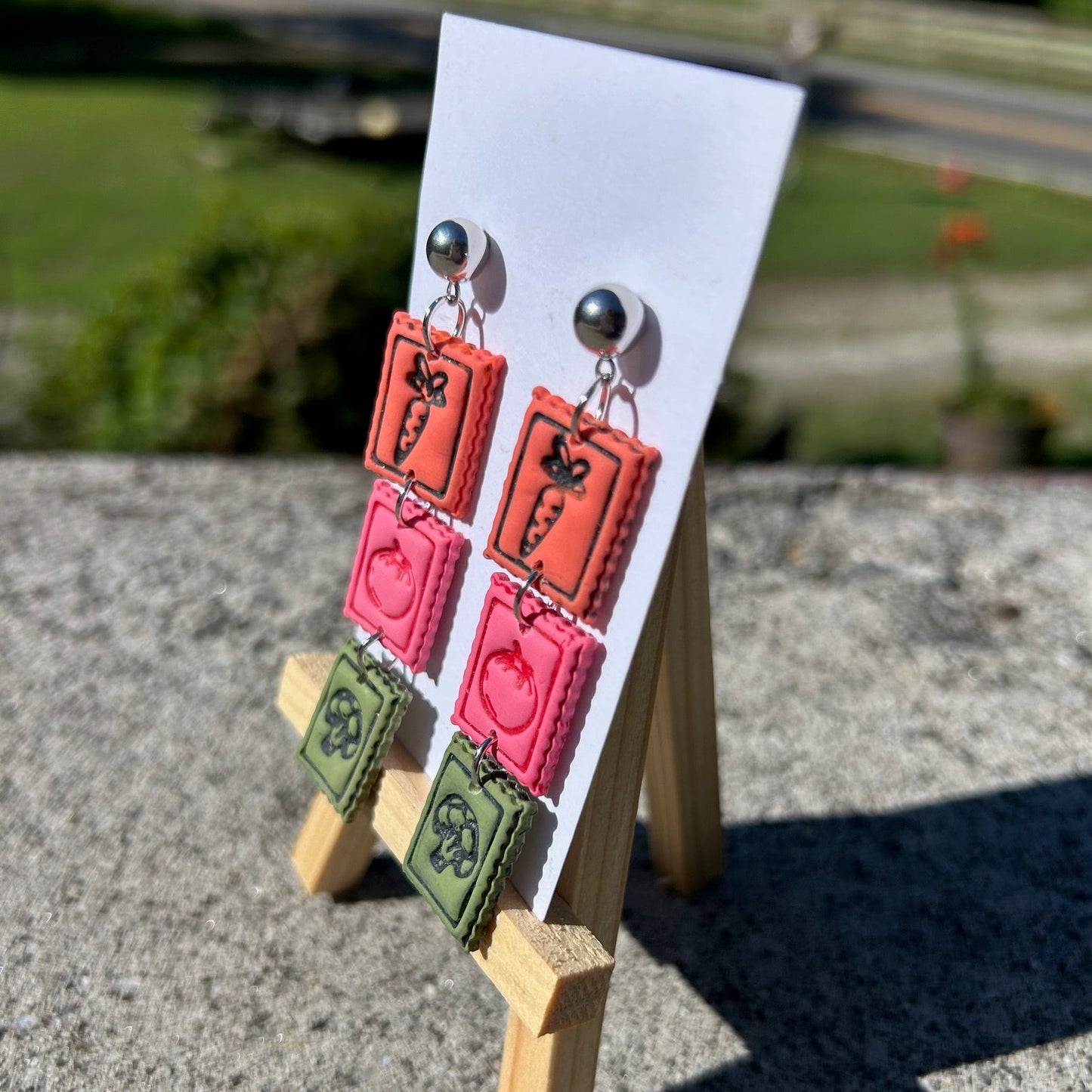 Garden Veggie Stamp Dangle Earrings — Polymer Clay