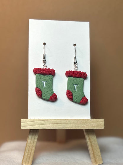Personalized Christmas Stocking Earrings with Initial – Custom Holiday Dangle Earrings