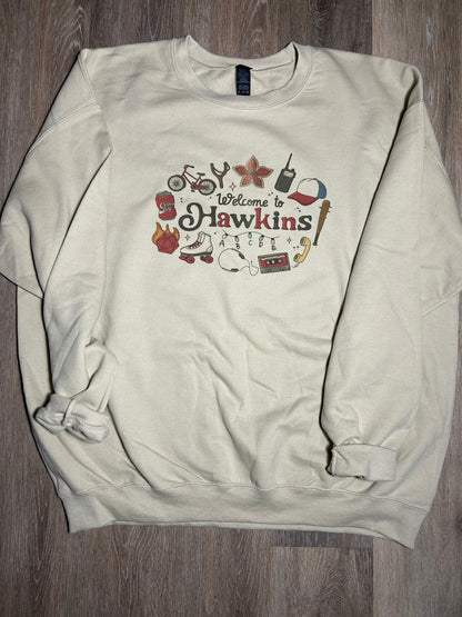 Stranger Things “Welcome to Hawkins” Unisex Soft-Style Sweatshirt – Retro ’80s Graphic Crewneck for Fans