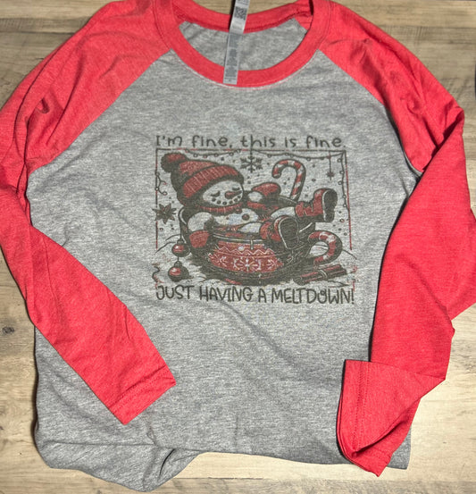 Raglan Snowman Shirt – “I’m Fine, This Is Fine” Melt-Down