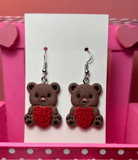 Teddy Bear Earrings Holding a Heart – Cute Handmade Polymer Clay