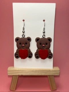 Teddy Bear Earrings Holding a Heart – Cute Handmade Polymer Clay