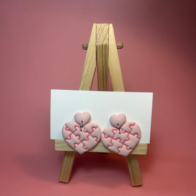 Puzzle Piece Heart Polymer Clay Earrings – Handmade Statement Earrings