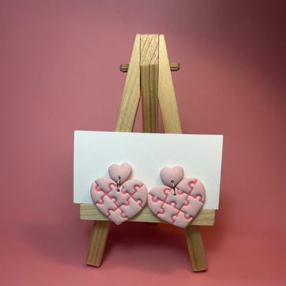 Puzzle Piece Heart Polymer Clay Earrings – Handmade Statement Earrings