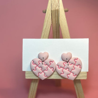 Puzzle Piece Heart Polymer Clay Earrings – Handmade Statement Earrings