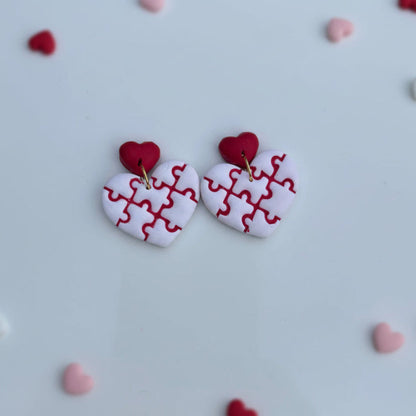 Puzzle Piece Heart Polymer Clay Earrings – Handmade Statement Earrings