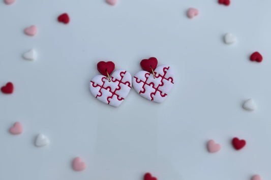 Puzzle Piece Heart Polymer Clay Earrings | Handmade Valentine Earrings