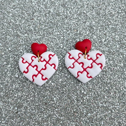Puzzle Piece Heart Polymer Clay Earrings – Handmade Statement Earrings