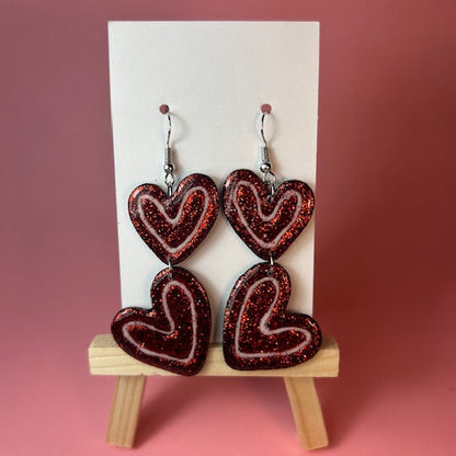 Glittery Red Double Heart Dangle Earrings – Two-Tier Lightweight Statement Earrings