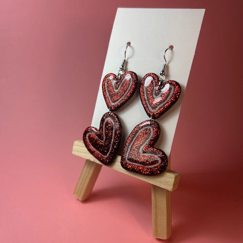 Glittery Red Double Heart Dangle Earrings – Two-Tier Lightweight Statement Earrings