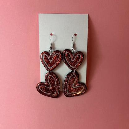Glittery Red Double Heart Dangle Earrings – Two-Tier Lightweight Statement Earrings