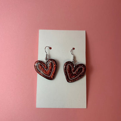 Handmade Red Glitter Heart Earrings | Polymer Clay Double Heart Jewelry