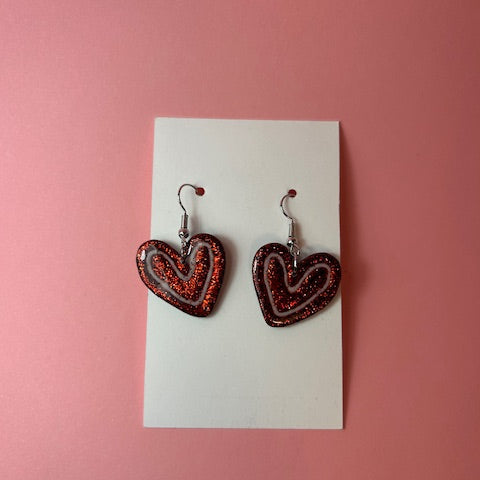 Handmade Red Glitter Heart Earrings | Polymer Clay Double Heart Jewelry
