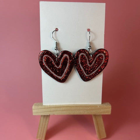 Handmade Red Glitter Heart Earrings | Polymer Clay Double Heart Jewelry