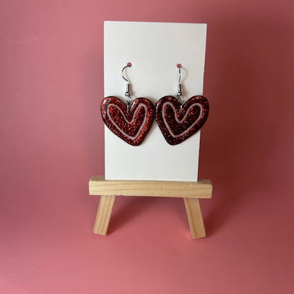 Handmade Red Glitter Heart Earrings | Polymer Clay Double Heart Jewelry