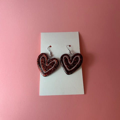 Handmade Red Glitter Heart Earrings | Polymer Clay Double Heart Jewelry