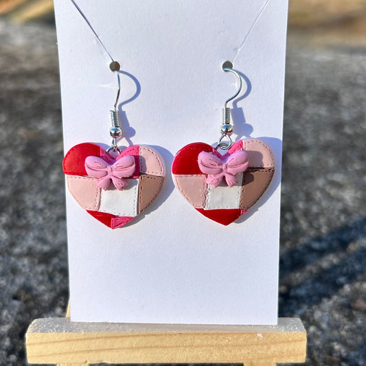Patchwork Heart Earrings – Handmade Boho Statement Earrings, Colorful Heart Jewelry