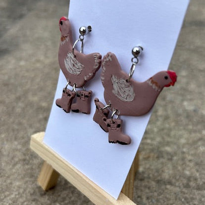Chicken in Rain Boots Earrings - Handmade Polymer Clay Dangle Earrings