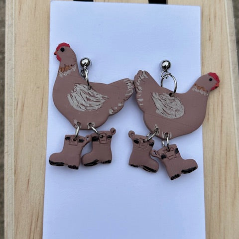 Chicken in Rain Boots Earrings - Handmade Polymer Clay Dangle Earrings