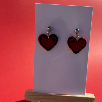 Handmade Polymer Clay Red Heart Earrings with Black Outline – Cute Romantic Jewelry for Women & Teens