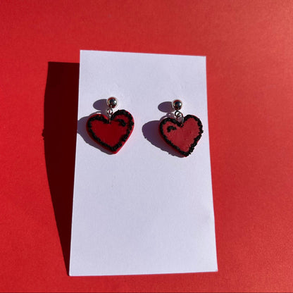 Handmade Polymer Clay Red Heart Earrings with Black Outline – Cute Romantic Jewelry for Women & Teens