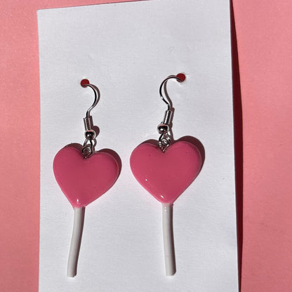 Heart Lollipop Polymer Clay Earrings – Handmade Cute Candy Jewelry