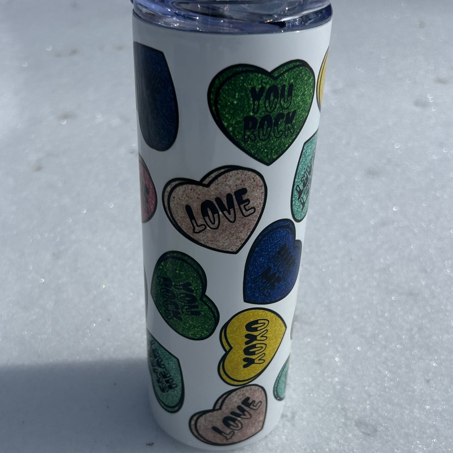 Valentine’s Day Conversation Hearts Tumbler – 20oz Stainless Steel Insulated Cup, Cute Love Candy Design, Hot & Cold Drinkware