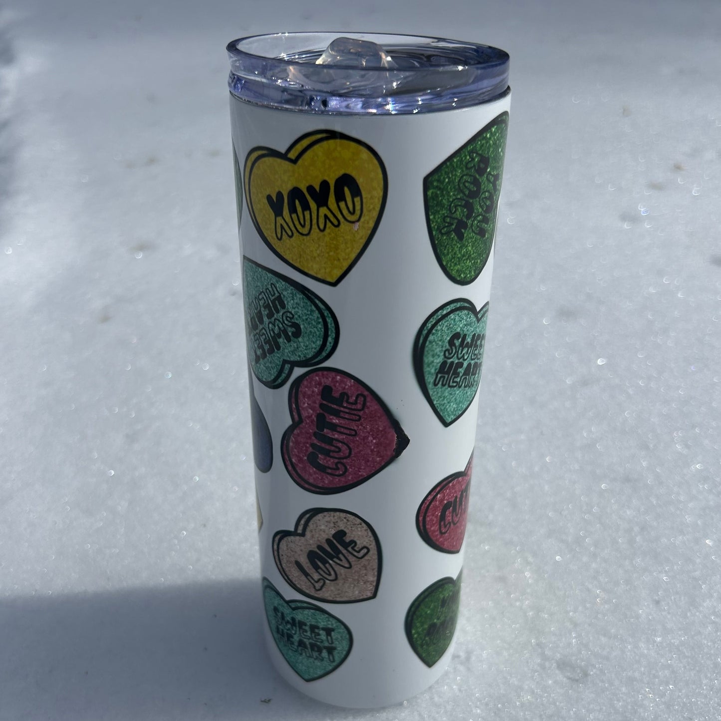 Valentine’s Day Conversation Hearts Tumbler – 20oz Stainless Steel Insulated Cup, Cute Love Candy Design, Hot & Cold Drinkware