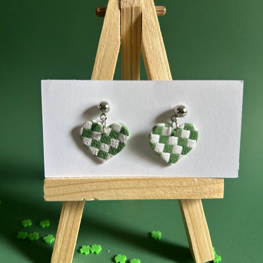 Checkered Green White Heart Earrings – Handmade Polymer Clay Dangle Earrings – Trendy Lightweight Gift for Her