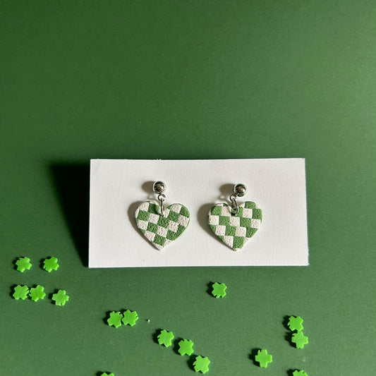 Checkered Green White Heart Earrings – Handmade Polymer Clay Dangle Earrings – Trendy Lightweight Gift for Her