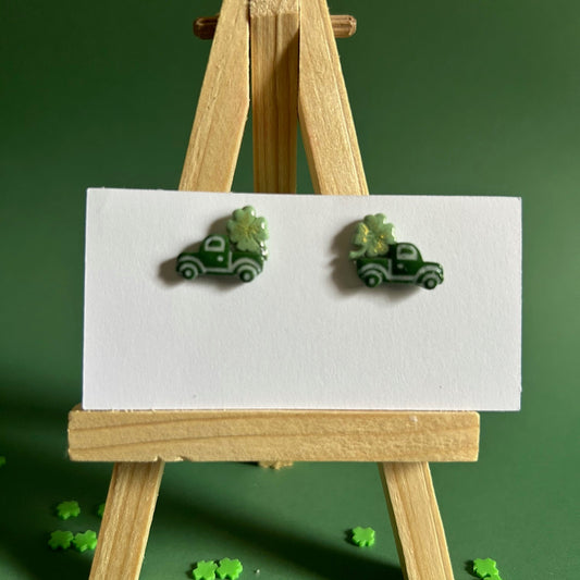 Handmade Polymer Clay Stud Earrings with Clover – Resin Sealed Lucky Shamrock Truck Earrings – Cute Lightweight Gift for Her