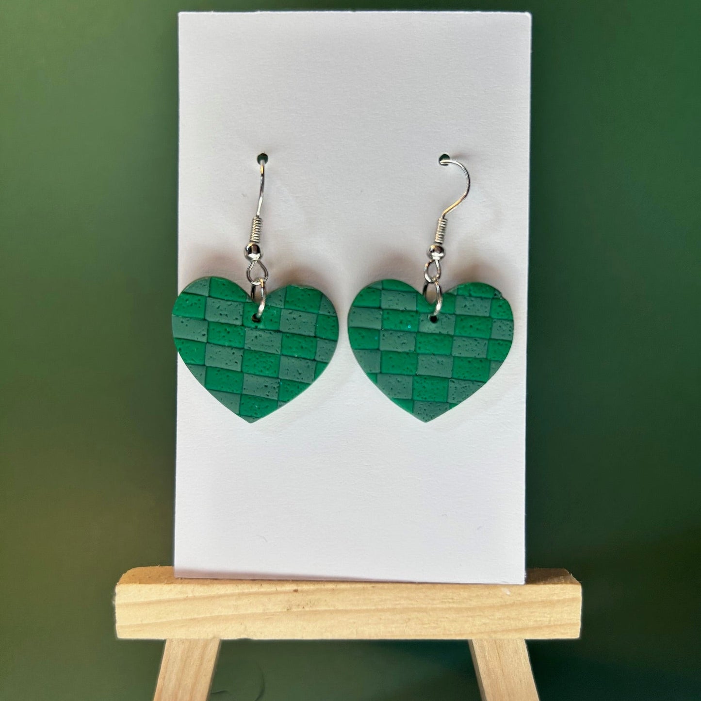 Heart-Shaped Green Checkered Polymer Clay Earrings – Handmade Two-Tone Dangle Jewelry for Women