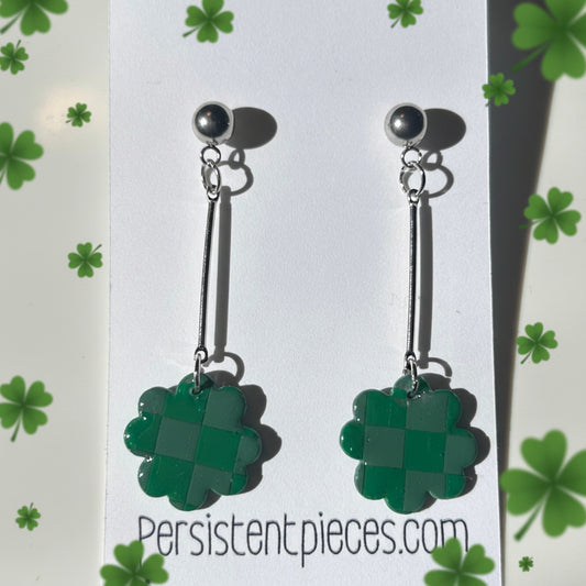 Handmade Polymer Clay Checkered Bar Drop Earrings with Clover Accent – Lightweight Statement Dangle Jewelry