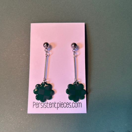 Handmade Polymer Clay Checkered Bar Drop Earrings with Clover Accent – Lightweight Statement Dangle Jewelry