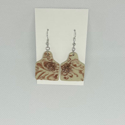 Western Cow Tag Polymer Clay Earrings with Small Floral Detail – Cream & Copper Dangles