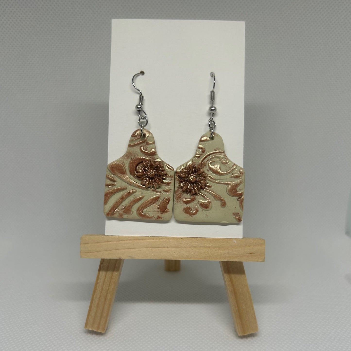 Western Cow Tag Polymer Clay Earrings with Small Floral Detail – Cream & Copper Dangles